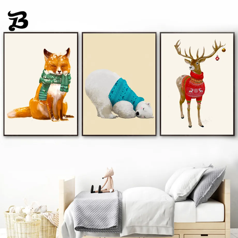 

Canvas Painting for Living Room Cute Animals Colorful Deer Fox Bear Posters and Prints Wall Art Pictures Christmas Home Decor