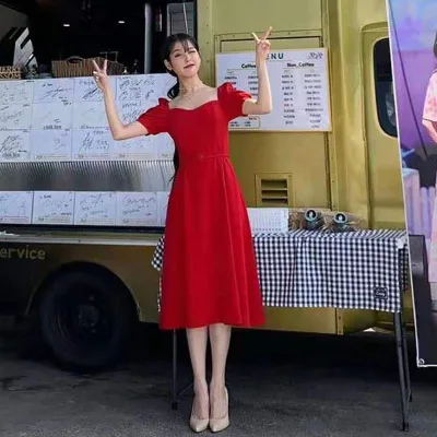 Красное платье с поясом для женщин DEL LUNA отель же IU Lee Ji Eun Лето Беременная Материнство темперамент женщина ТВ корейский же платье