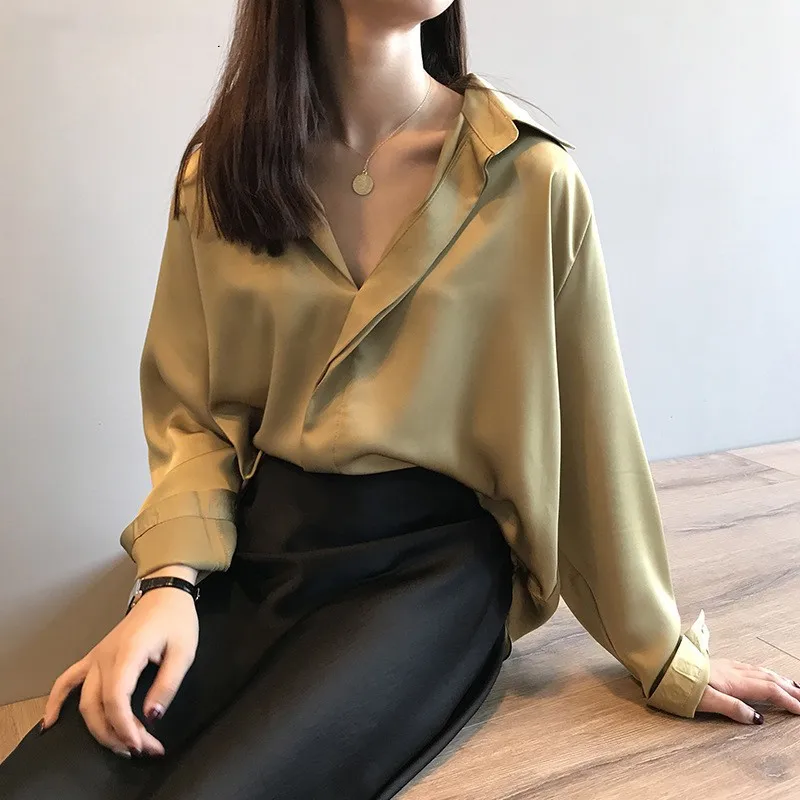 

2021 Spring Summer Elegant Long Sleeve Satin Shirts Women Turn-down Collar Loose Female Blouses Famale Tops Blusas