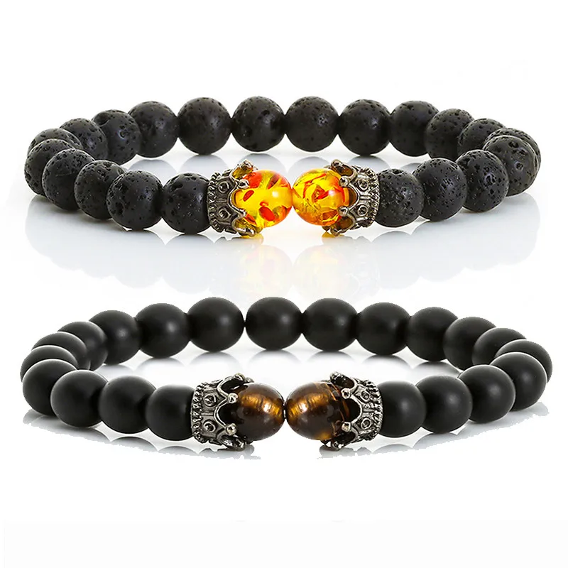 

Браслет с бусинами из лавы, натуральный камень 8 мм, два имитации Агата, Корона из сплава для мужчин, эластичные украшения, женские черные бра...