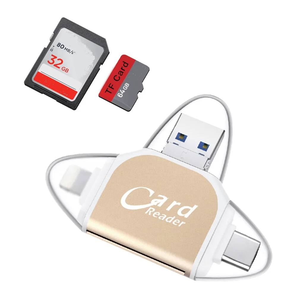 Металлический кардридер 4 в 1 Type C/Micro-USB/Usb Tf Sd для Ipad Iphone X 7 8 Plus 5 6 6S памяти Samsung S8 + S6 |