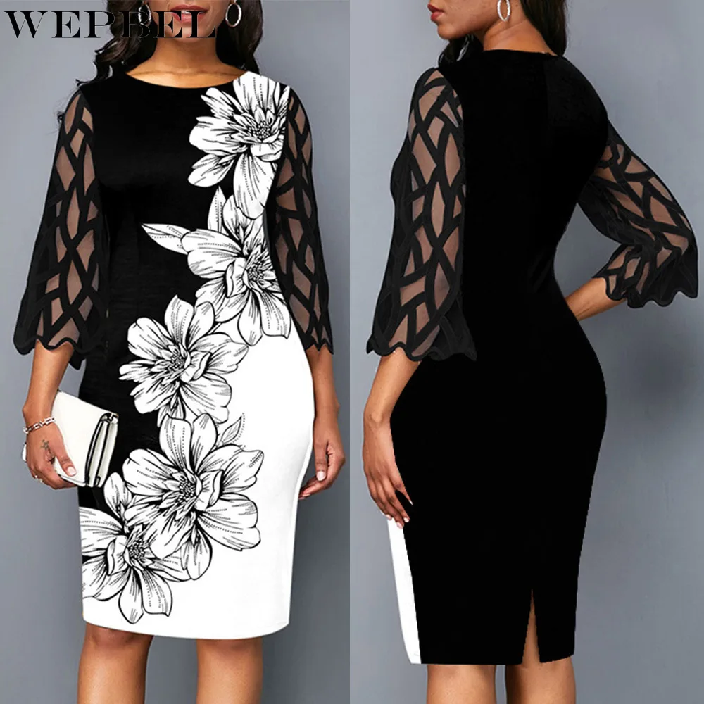 

WEPBEL Women's Casual Lace Stitching Mesh Dress Spring Summer Fashion O-Neck Slim High Waist Slit Three Quarter Sleeve Dress