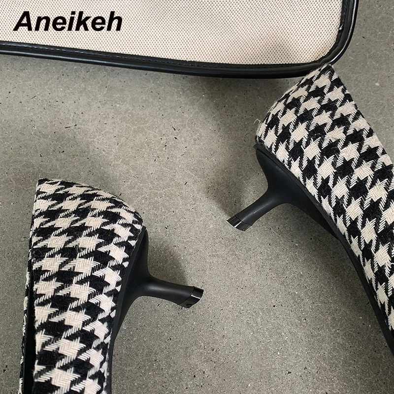 

Aneikeh Spring/Autumn Square Toe Striped Lattice Dress Pumps 2021 Women Shoess Thin Heels Checkered Basic Ethnic Shallow Slip-On