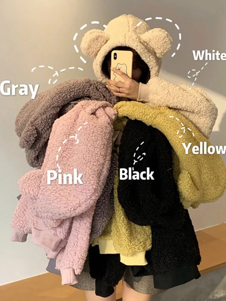 

Женские толстовки с капюшоном ягненка, Зимний пуловер с капюшоном, новая плюшевая Милая одежда с ушками медведя, однотонный мягкий теплый т...