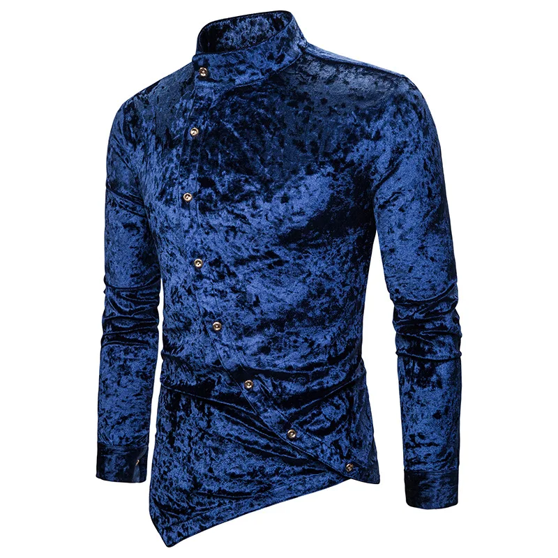 

Мужская Фланелевая бархатная рубашка с косыми пуговицами, повседневная классическая рубашка с асимметричным подолом, модная Облегающая ру...