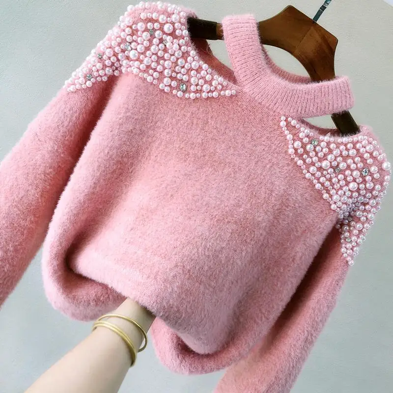 

Thick Warm Fleece Knitted Women Sweater Pullovers Winter Off-Shoulder Pearl Beaded Solid Loose Sweet Female Pulls Outwear Tops