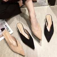 bailehou 2019 new summer flock leather pointed toe women slippers low heel slip on mules outsides ladies slides slippers pumps
