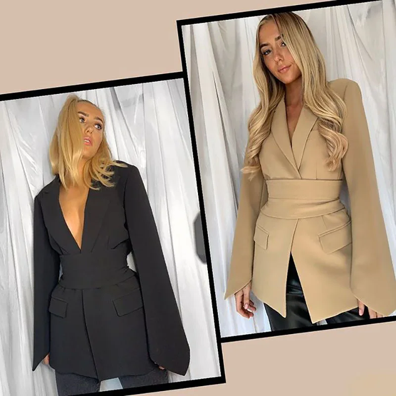 

Autumn Belt Lace Up Blazer Coat Turn-Down Collar Full Sleeve Bandage Suit Blazer Fashion Elegant Sexy Women Velvet Jacket Coat