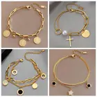 Женский браслет с жемчужинами MEYRROYU, многослойный золотистый браслет из нержавеющей стали в стиле ретро, панк, готика, монета с портретом, ювелирные изделия