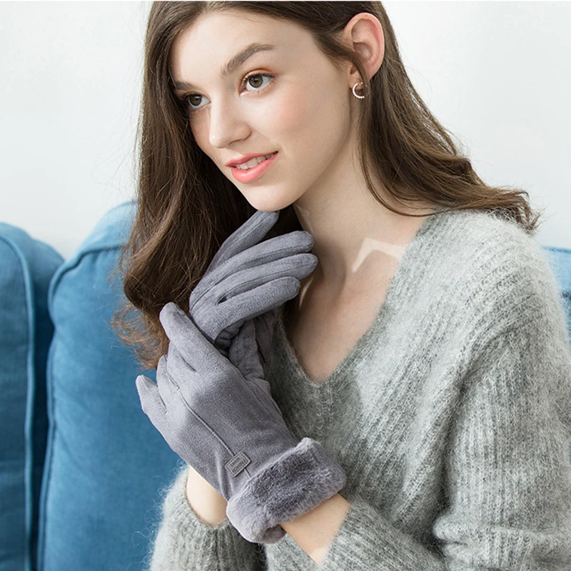 

Winter Gloves For Women Touch Screen Lady Suede Warm Plush Inside Finger Gloves Female Winter Elegant Soft Black Mittens Gloves