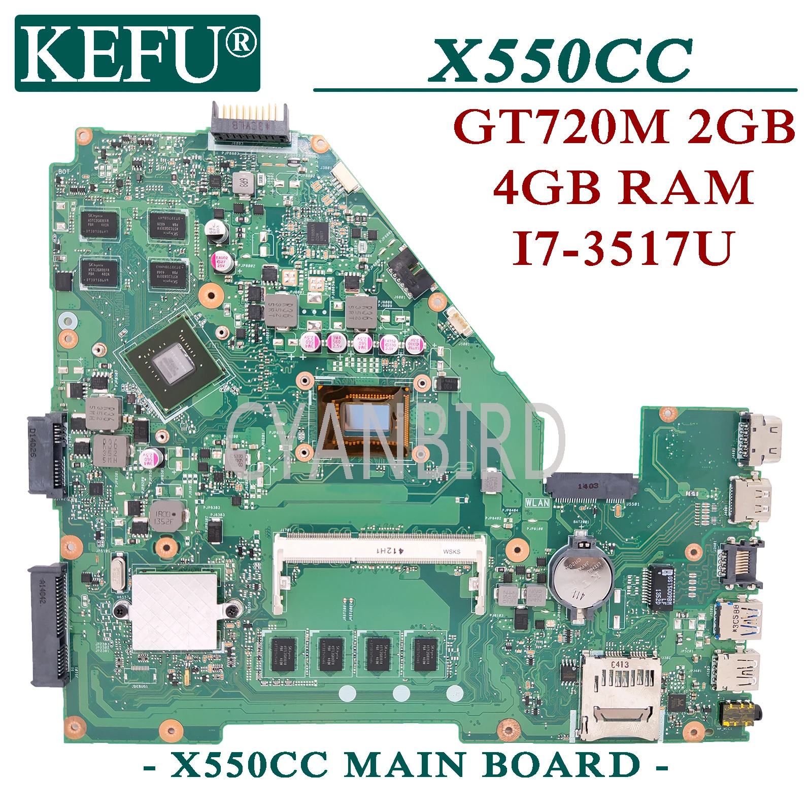 

Материнская плата для ноутбука KEFU X550CC, Оригинал Материнская плата ASUS, X550C, X550CL с 4GB-RAM I7-3517U, GT720M