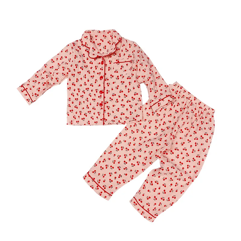 

2021 Mother And Daughter Spring Parent-Child Children's Cherry Lapel Pajamas Two-Piece