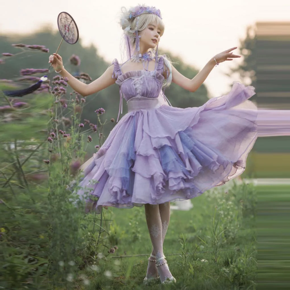 

Purple Ruffles Mini Prom Dress Chiffon Organza Lace-up Party Dress Knee Length Applique Chinese Style Long Sleeve Princess Dress
