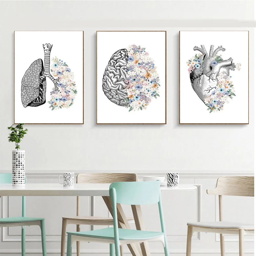 

Vintage Anatomy Floral Heart Brain Wall Art Canvas Painting Retro Posters And Prints Wall Pictures Medical Doctor Clinic Decor