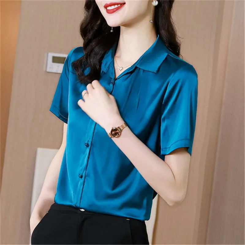 

High-End Satin Summer Women Blouses Temperament Shirts Long Sleeve Polo-Neck Loose Mujer Tops Fashion 2021 Blusas MM0622