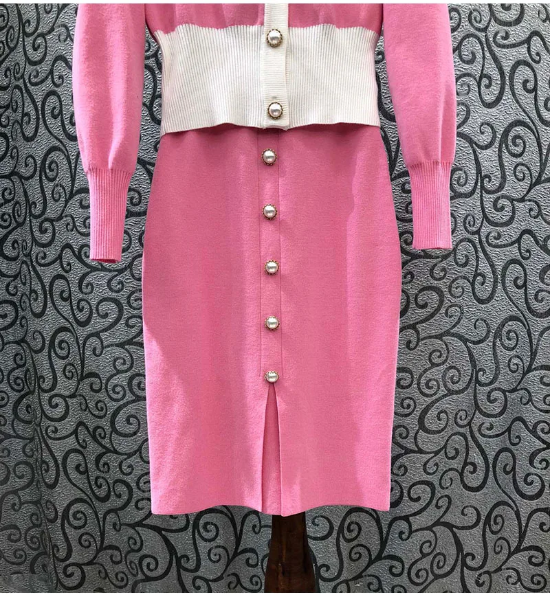 

High Quality Sweater Sets 2020 Autumn Winter 2 pc Skirt Suit Women Buttons Front Knitted Cardigan Coat+Mid-Calf Knitting Skirt