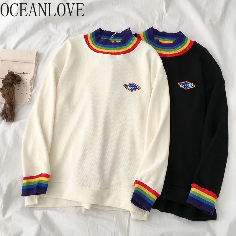 Женские свитера с высоким воротом и радугой Модные полосатые пуловеры вышивкой