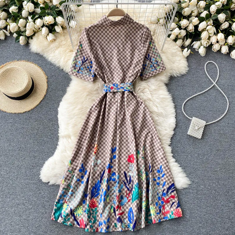 

Europe Fashion Runway Short Sleeve Sashes Plaid Print Vintage Casual Shirt Dress Women Clothing 2021 Midi Aline Robe Femme