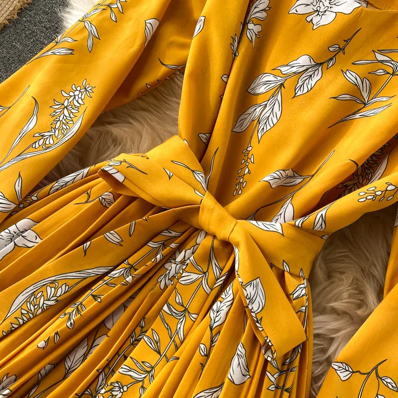 

Spring Autumn Women Lace Patchwork Floral Pleated Dress Elegant Round Neck Puff Long Sleeve Draped Slim Vestidos Female Fashion