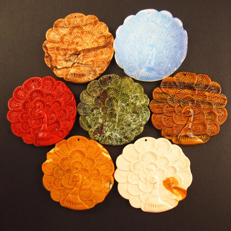 

100% Natural 190g 7Pcs 50x6mm Carved Mixed Stone Peacock Pendant Bead SHM44819 Necklace Birthstone Jewelry High End