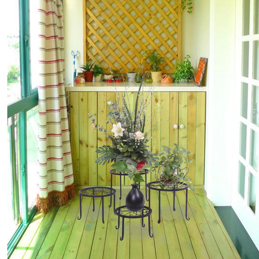 

4 Pcs Metal Plant Shelves with 4-1 Round Pattern in Black Baking Paint for Garden Decorate Flower