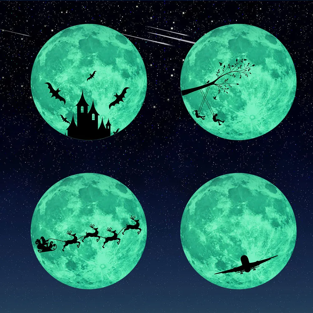 

30cm Hollowen Luminous Moon Stickers Super Bright Fluorescent Stickers Children's Room Decoration Self-adhesive Deer Castle Wolf
