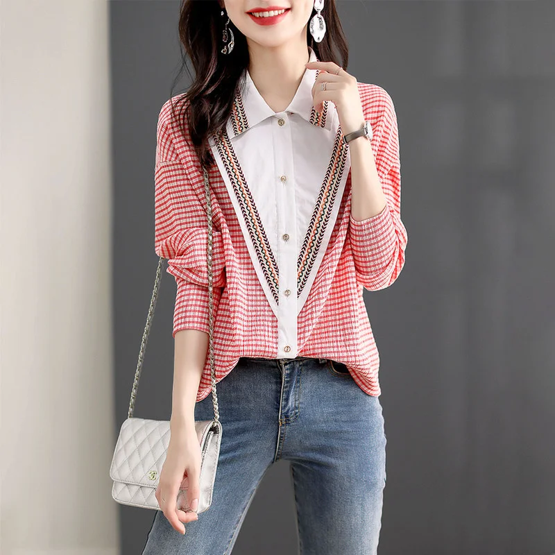 

Summer Plaid Women's Blouses Polo Shirt Long Sleeve Top Grid Splicing Chiffon Casual Fashion Loose Lady Clothing Houthion