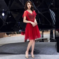 fashion noble elegant embroidery deep v party sequined dresse solid red christmas retro night club mesh vest mini dress women