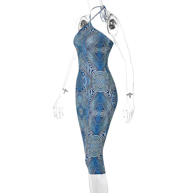 

Uclio Sleeveless Halter Bandage Blue Print Chest-Wrapping Dress Summer Women Fashion Streetwear Y2K Outfits