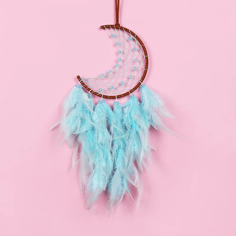 

Kawaii Dream Catcher Room Decor Cute Moon Wall Hanging BabyRoom Decoration Bead Feather Qrnaments for LivingRoom with Light