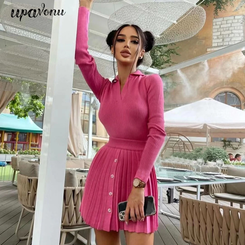 

Free Shipping 2021 Knitted Pleated Skirt Set Women Sexy Long Sleeve Skinny Shirt Tops And High Waisted Mini Skirt Two Piece Set