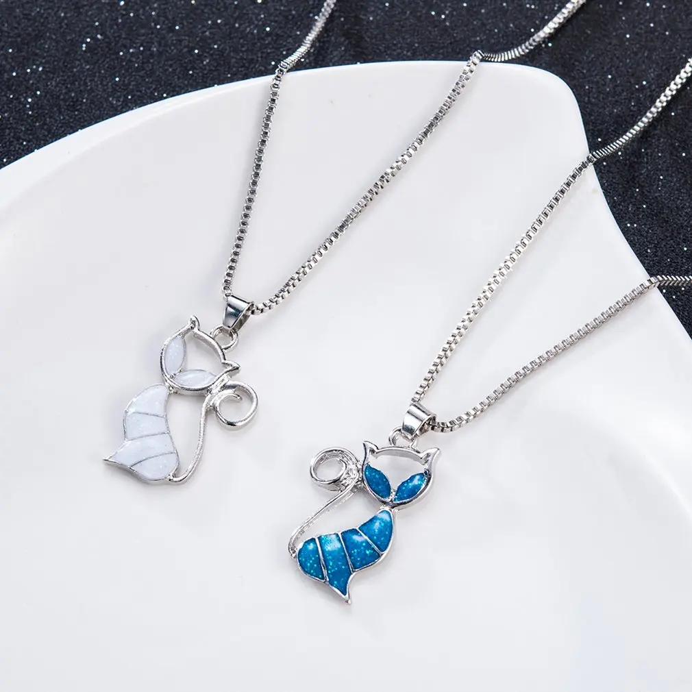 

New Cute Cat Pendant Blue Opal Necklace Fashion Women'S Animal Jewelry Trendy Jewelry Gift For Women Clavicle Chain