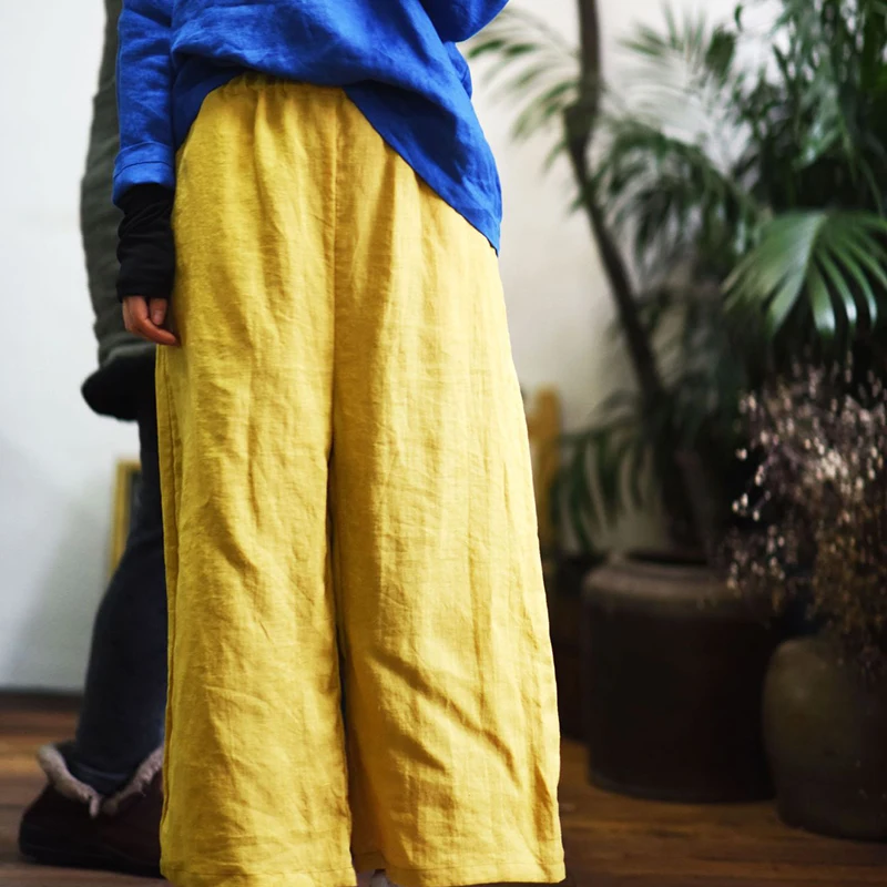 Женские льняные широкие брюки Johnature с эластичной резинкой на талии новинка весны