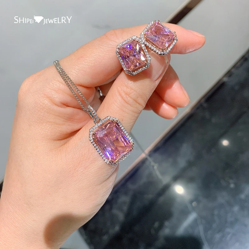 

Shipei Romantic Cute 925 Sterling Silver Pink Sapphire Rings/Earrings/Pendant/Necklace Wedding Jewelry Sets 3Pcs Wholesale
