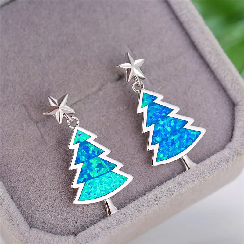 

Cute Female Christmas Tree Stud Earrings Boho Rose Gold Silver Wedding Earrings Boho White Blue Opal Small Earrings For Women