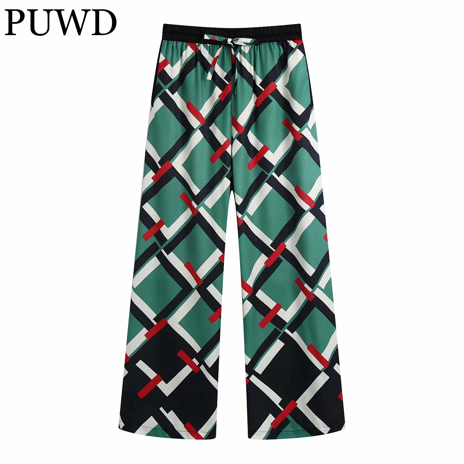 

PUWD Loose Women Green Geometric Pattern Printed Yrousers 2021Casual Lace-up Elastic Waist Street Contrast Female Wide-leg Pants