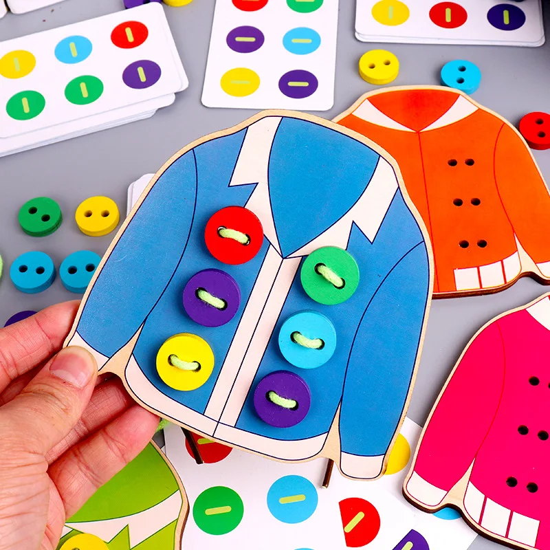 

Детские игрушки Монтессори, деревянная одежда, доска для нарезания нитей, обучающая игрушка, игра с пуговицами, Обучающие базовые игрушки д...