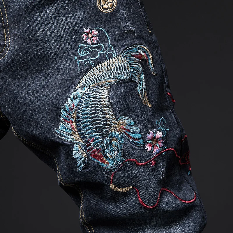 Мужские рваные джинсы с вышивкой карпа облегающие байкерские уличная одежда