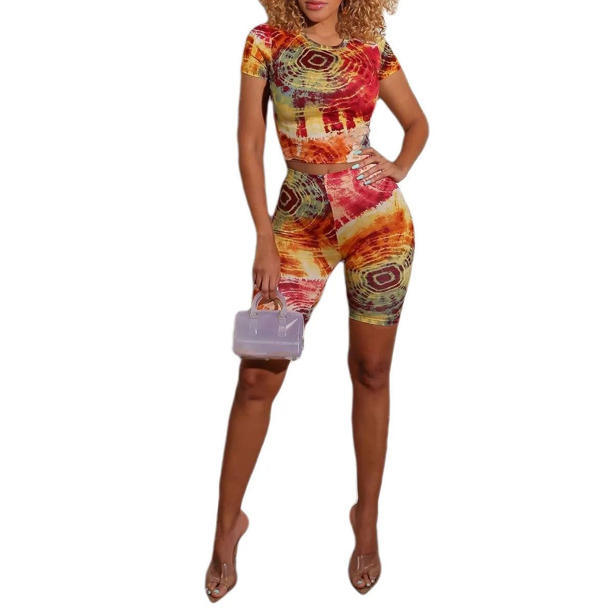 

2 Pcs Women Tie Dye Print Outfits, Short Sleeve Round Neck T-shirt High Waist Shorts Summer Slim Clothes Set