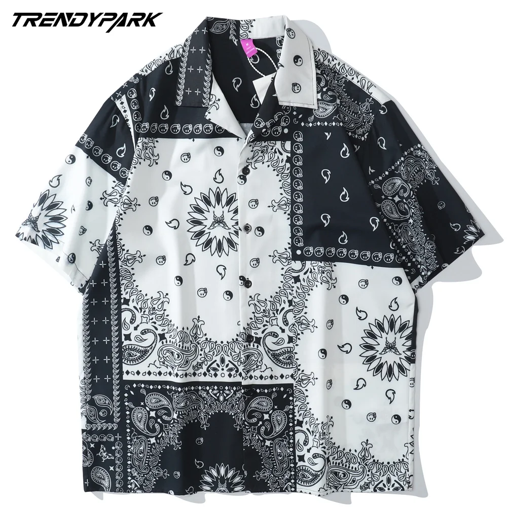 

Men's Shirt Vintage Patchwork Paisley Harajuku Short Sleeve Casual Shirt Holiday Oversized 2021 Summer Hawaiian Shirt Clothing