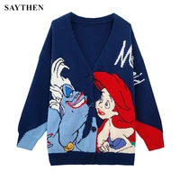 saythen autumn and winter knit sweater coat v neck mid length loose mermaid embroidery sweater cardigan women