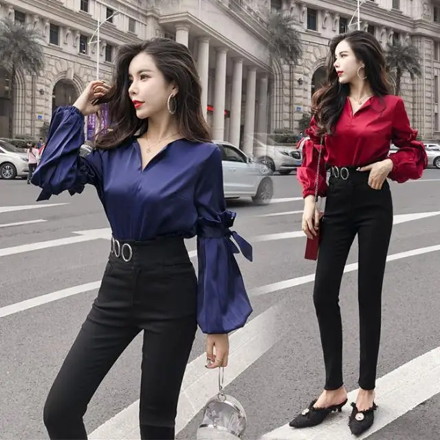 

Women 2021 Spring Autumn Elegant OL Work Wear 2 Pieces Set New Female Long Sleeve Blouse Shirts and Slim Pants Casual Suit C301