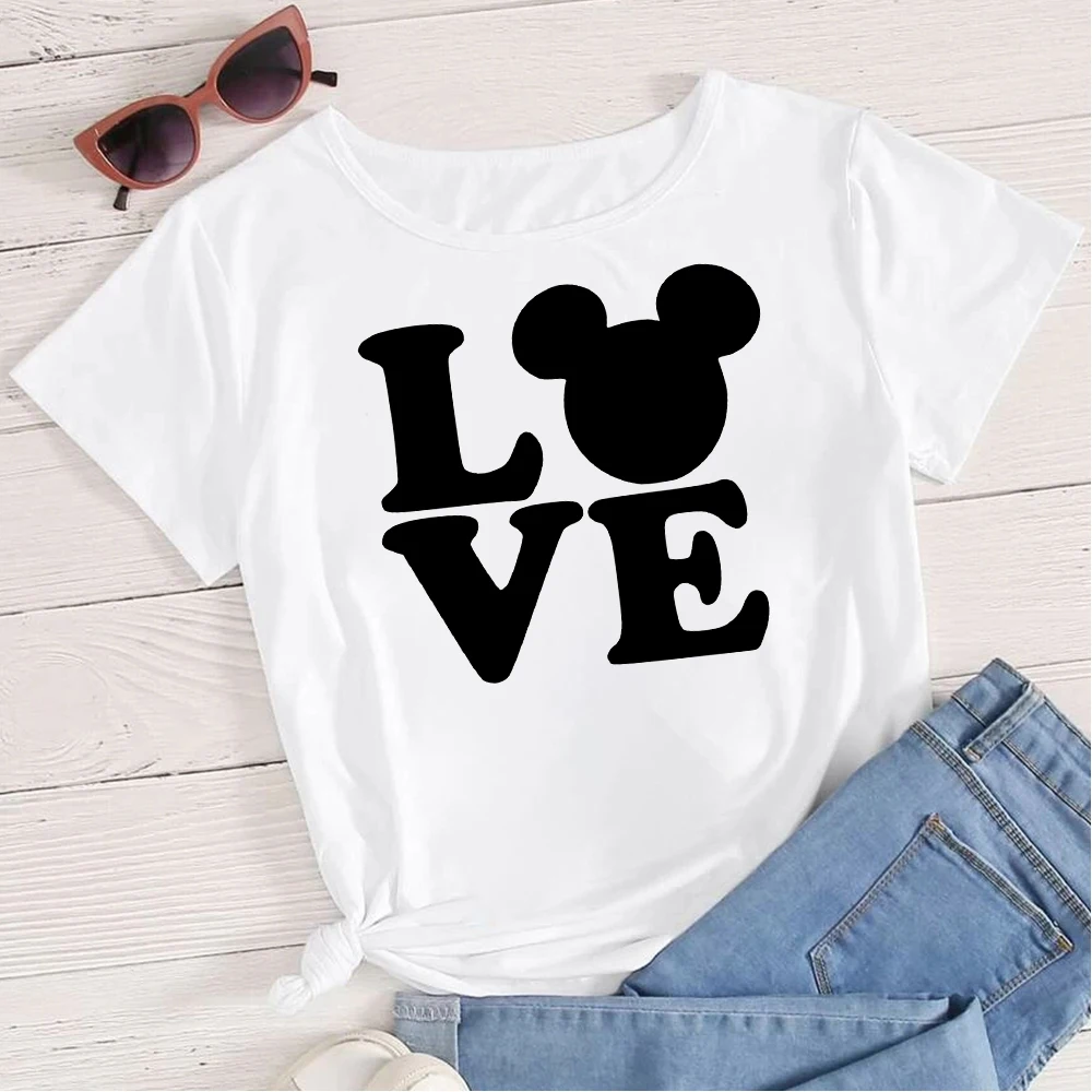 

LOVE Mickey Disney Simple Aesthetic Clothes for Women Short Sleeve Basic T-shirt 90s Harajuku Summer Casual O-neck Tops T Shirt