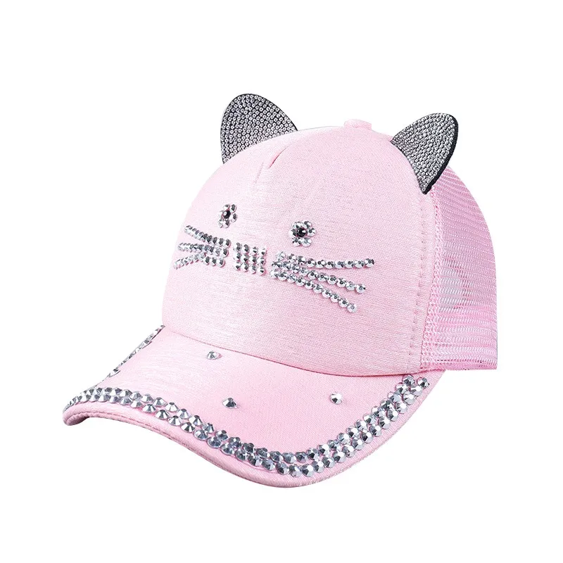 Pink Unisex Baseball Cap Children Cat Ears Rivets Sun Cowboy Hat Snapback Rhinestones Diamond Cap for Boy Girls Casual Cap Bone Gorro - Цвет: Pink