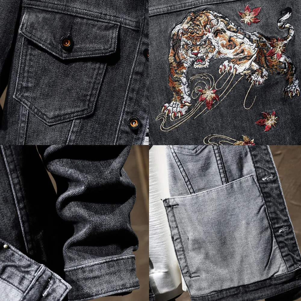 Куртка мужская джинсовая с вышивкой китайского тигра винтажная Повседневная