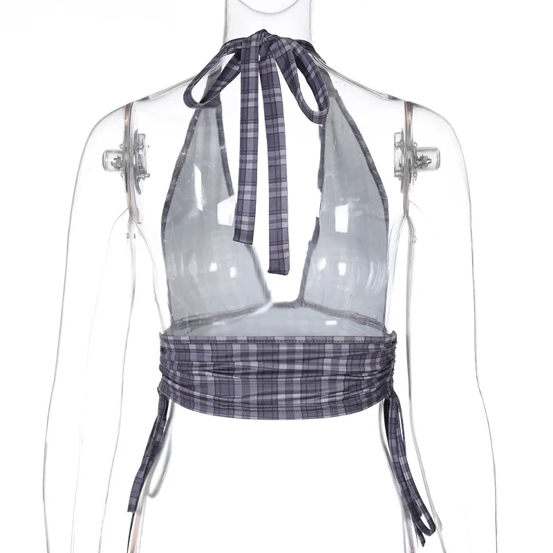 

Vintage Retro y2k Crop Tops for Women Sexy Backless Ribbed Lace-up Camisole Harajuku Aesthetic 90s Halter Plaid Tank Tops Tee