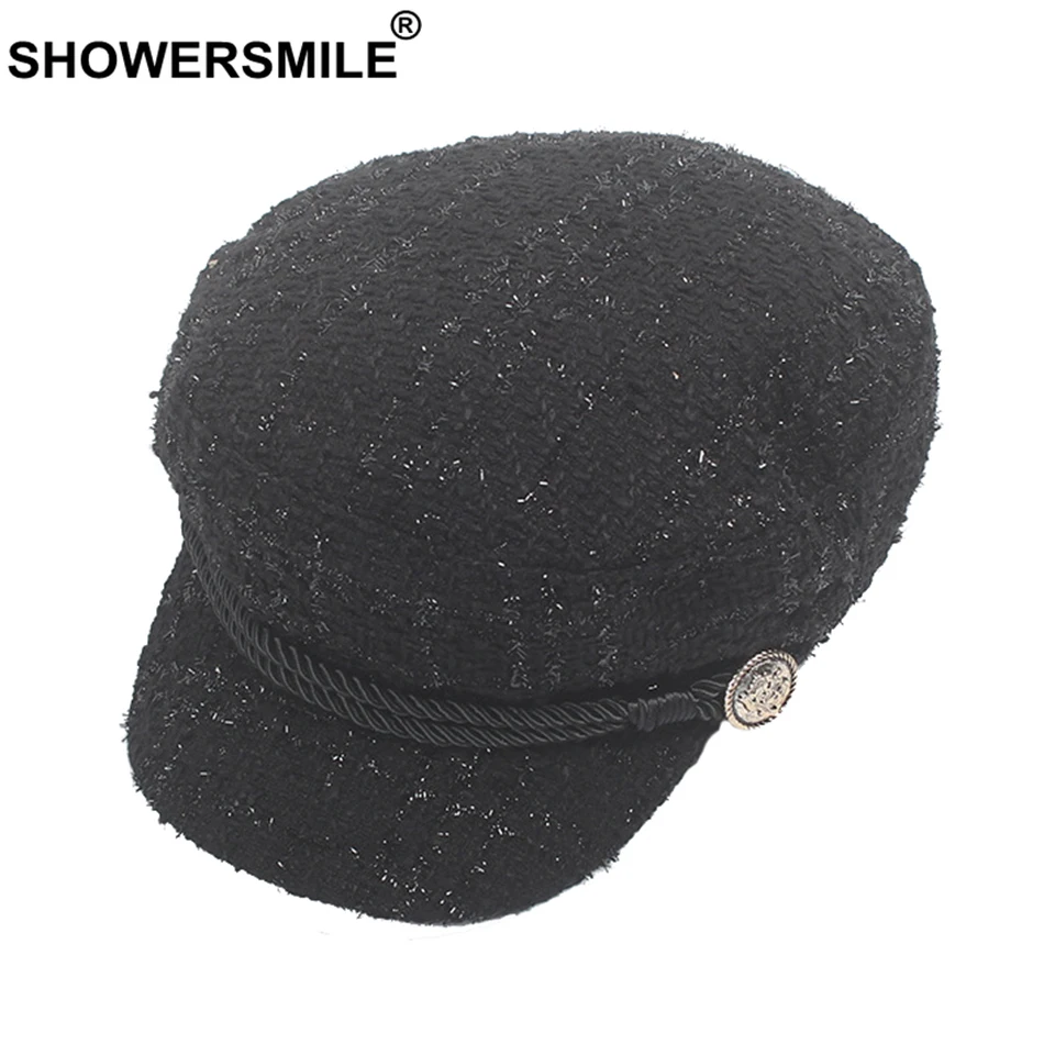 SHOWERSMILE/черная модная твидовая шляпа в стиле милитари Женская шапка моряка Сезон