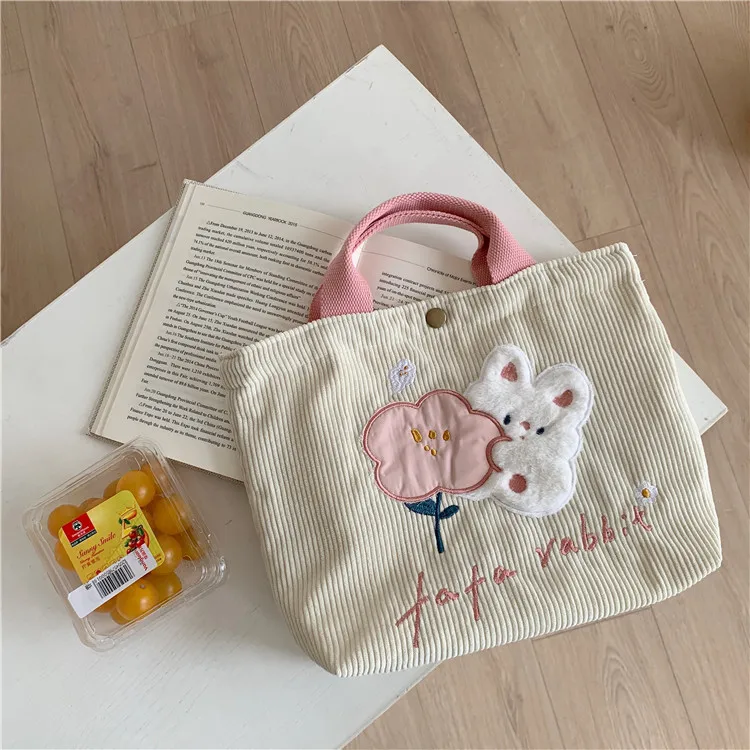 

Cartoon Rabbit Women Corduroy Shoulder Bag Cute Embroidery Student Girls Bento Lunch Bags Female Small Tote Purse Handbags