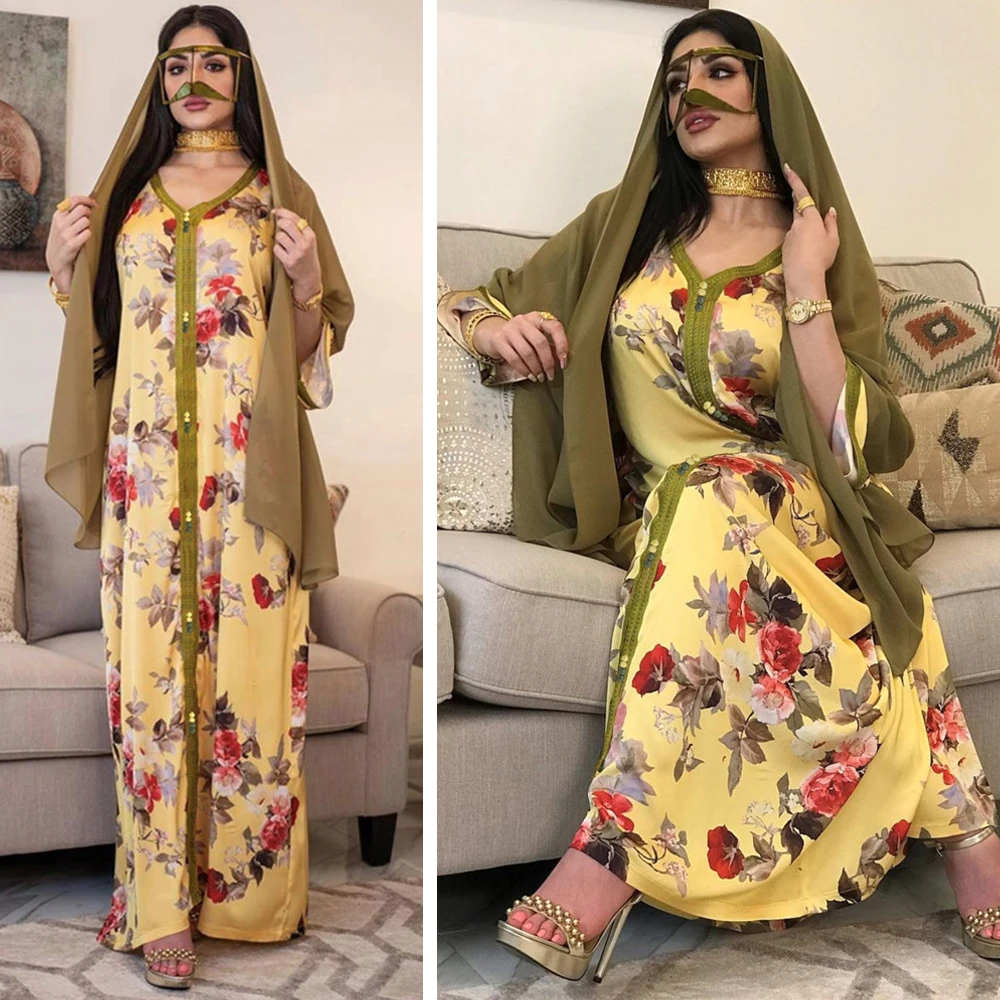 Кафтан Рамазан женские мусульманские Длинные платье Цветочный принт Абая Дубайский кафтан турецкий халат Исламская одежда кафтан