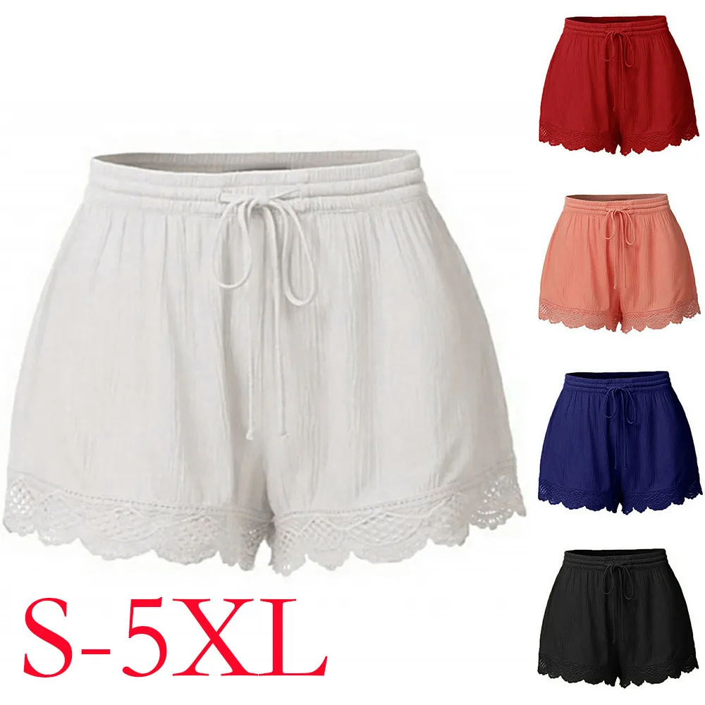 

Summer Ladies High-waist Personality Pants Solid Color Lace Drawstring Shorts Casual Loose Daily All-match Pants For Women